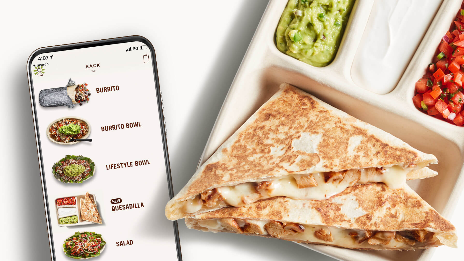 Examples of restaurant post-COVID strategies, Chipotle's new Quesadilla alongside a mock-up of their mobile app