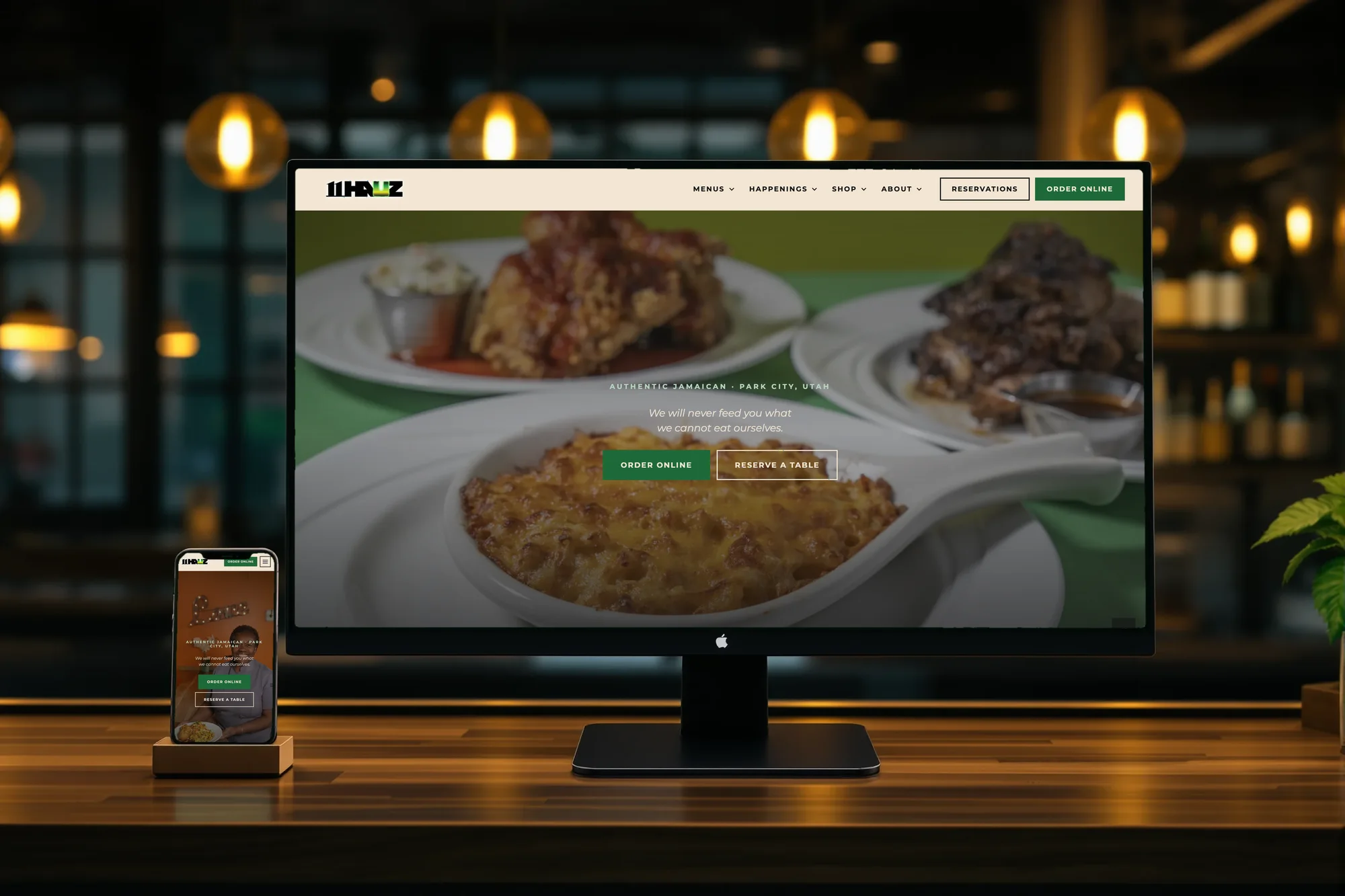 11Hauz Jamaican Food website on a desktop and phone