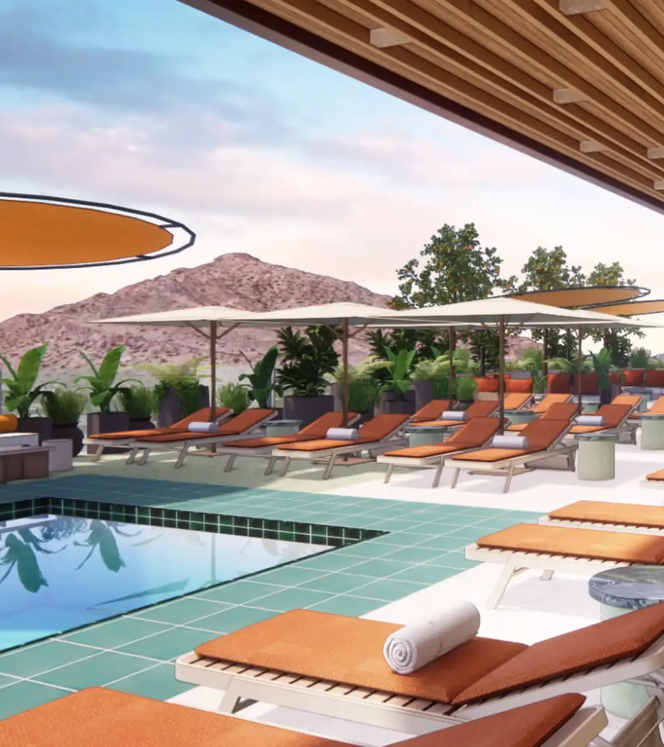 Allegra rooftop pool with orange loungers and mountain views