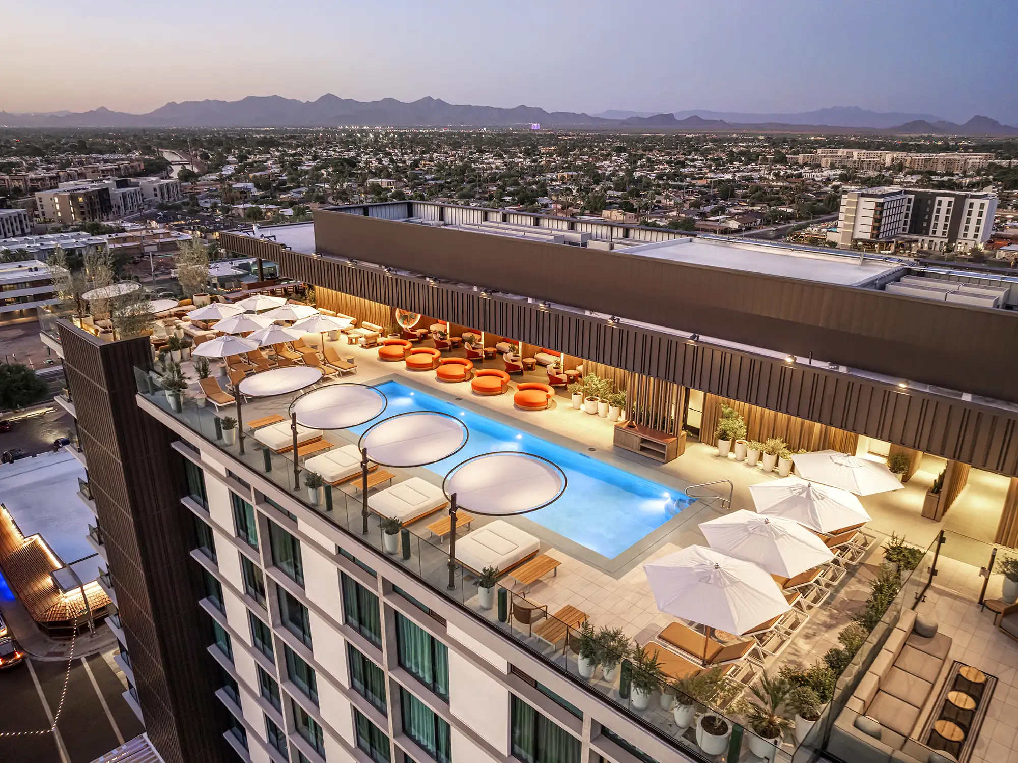 Aerial view of the Allegra rooftop pool deck on top of The REMI Hotel in Scottsdale
