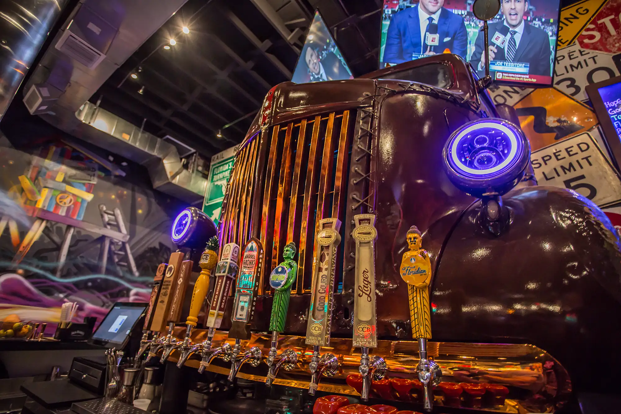 Craft beer taps mounted on a vintage truck front at BRGR STOP