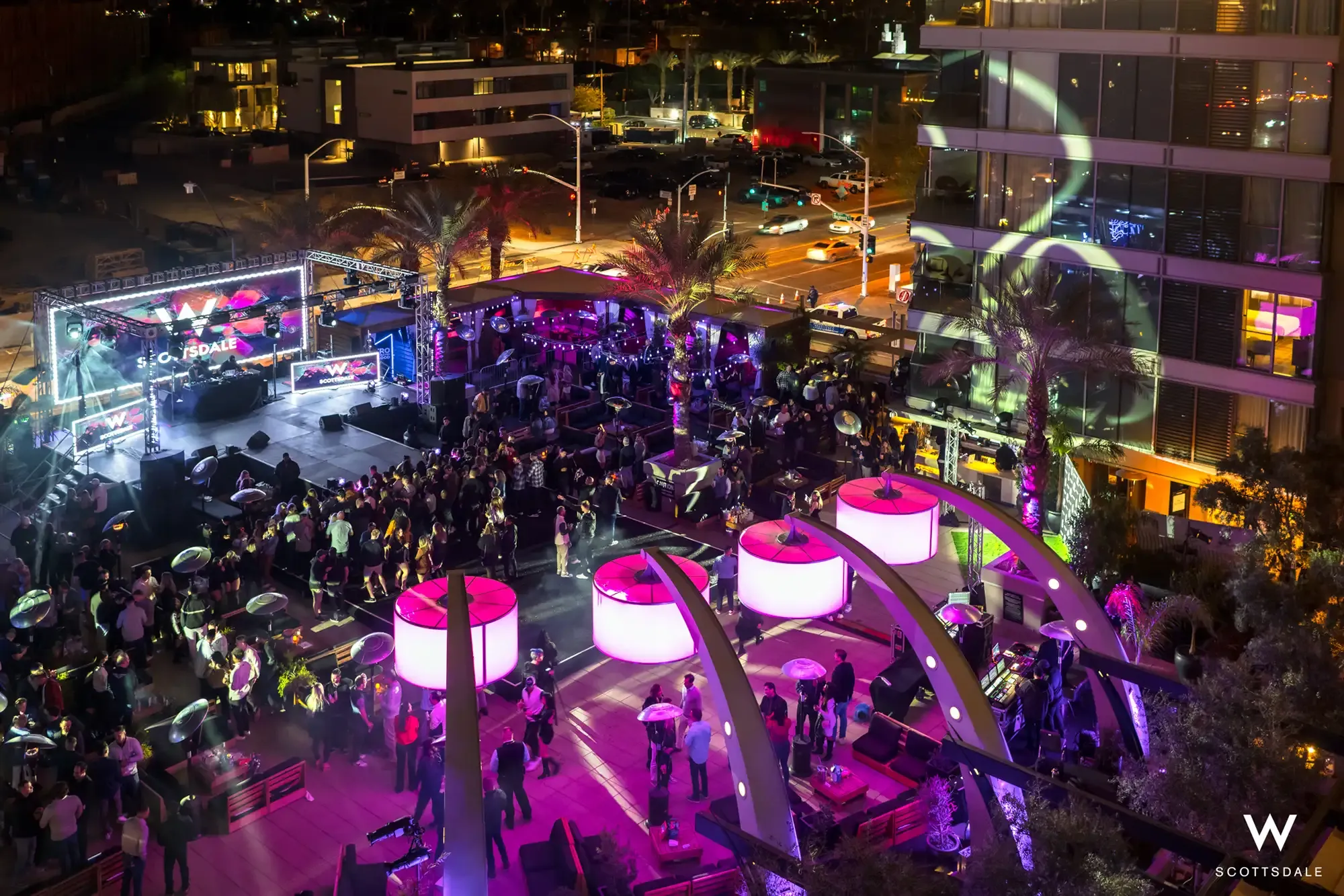 Night event on the WET Deck at W Scottsdale seen from above