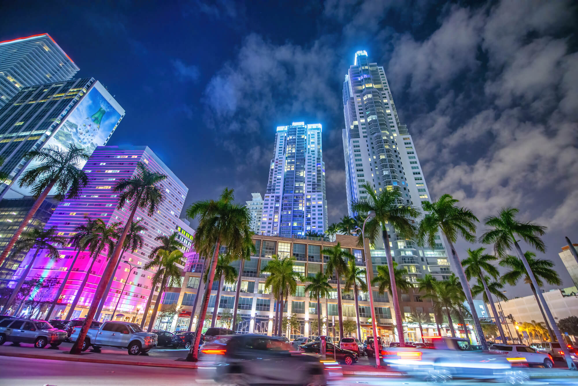 Downtown Miami towers and palm trees lit up at night