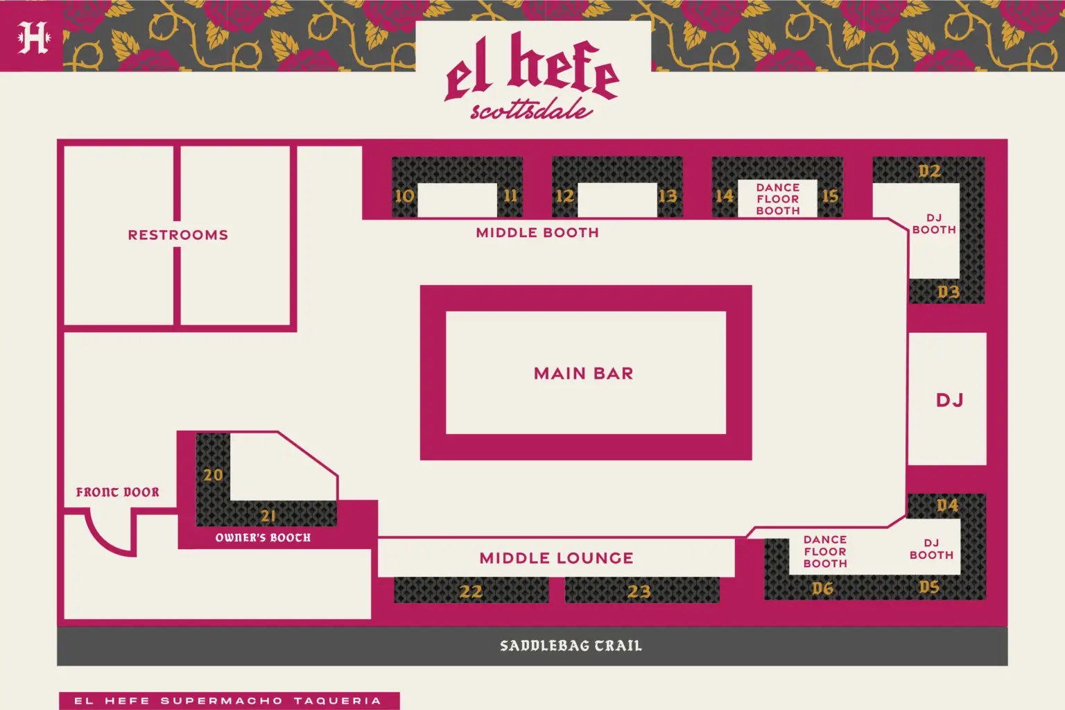 El Hefe Scottsdale floor plan with VIP booths around the main bar