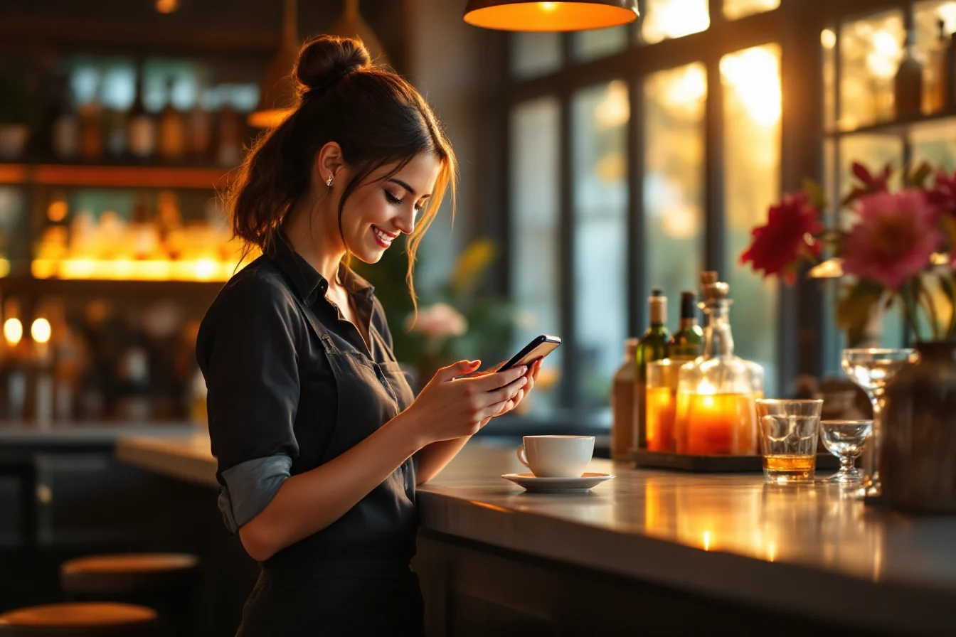 Bar manager scheduling a website promotion on her phone before happy hour