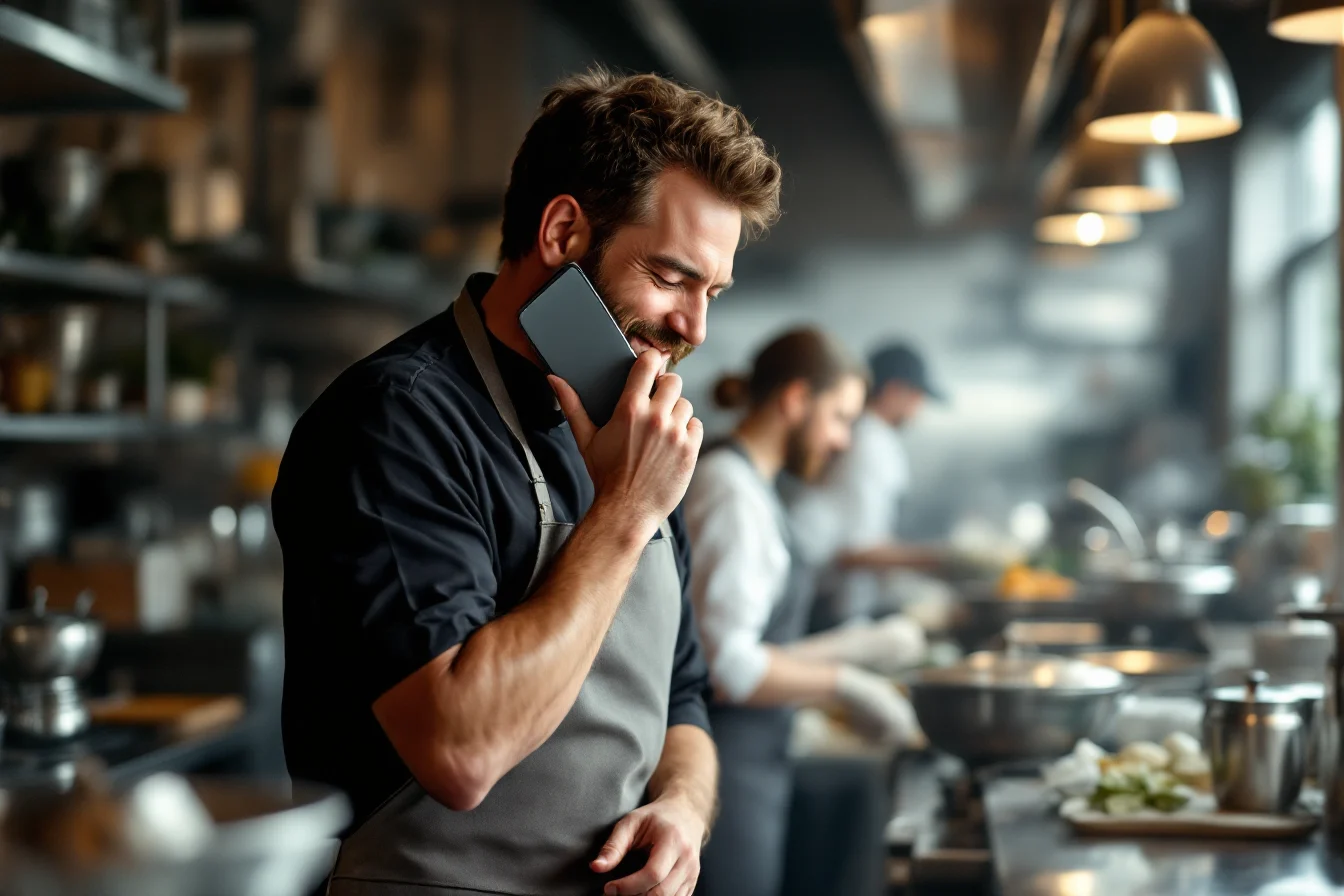 Chef-owner speaking a website update into his phone in the restaurant kitchen