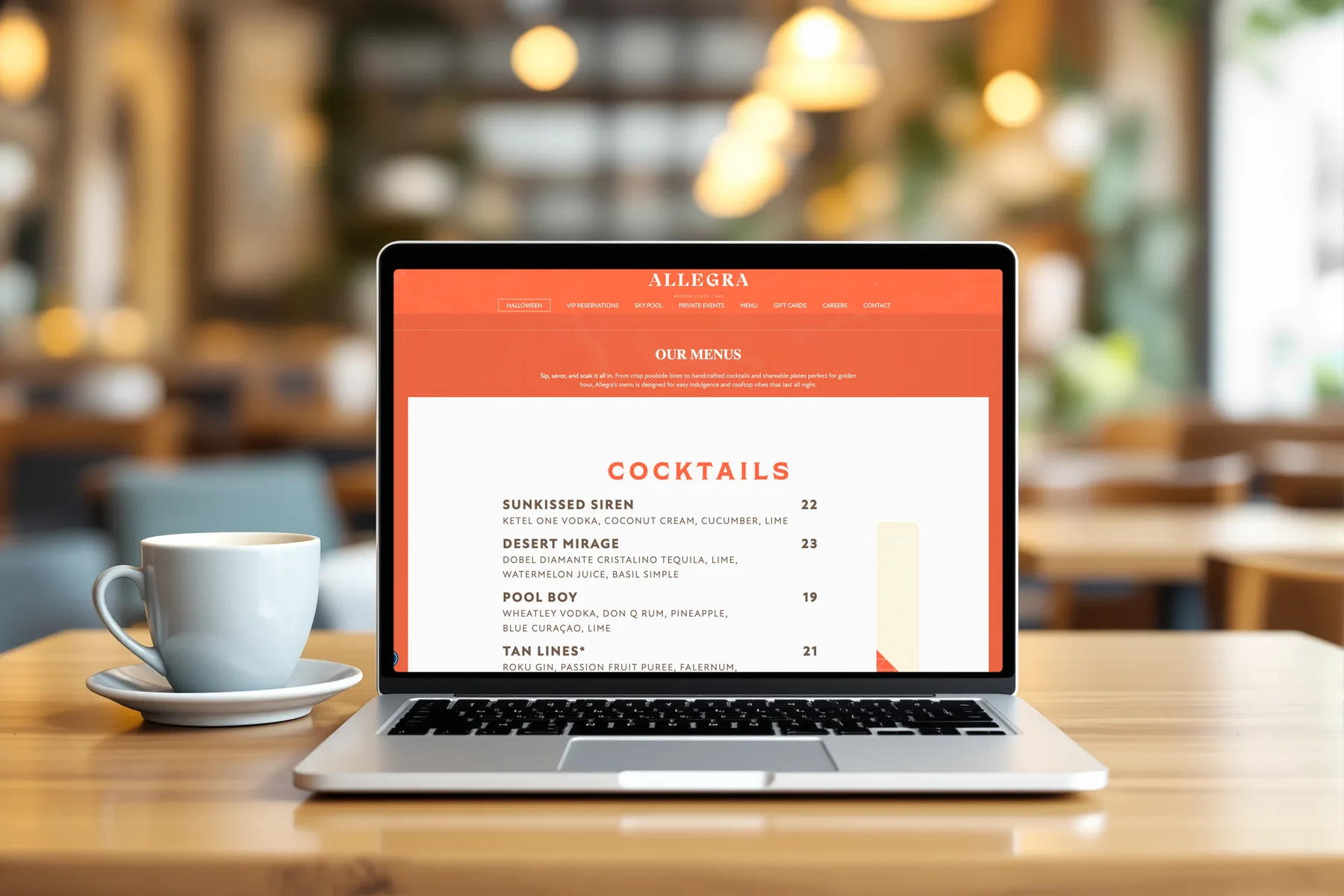 Allegra menus page shown on a laptop