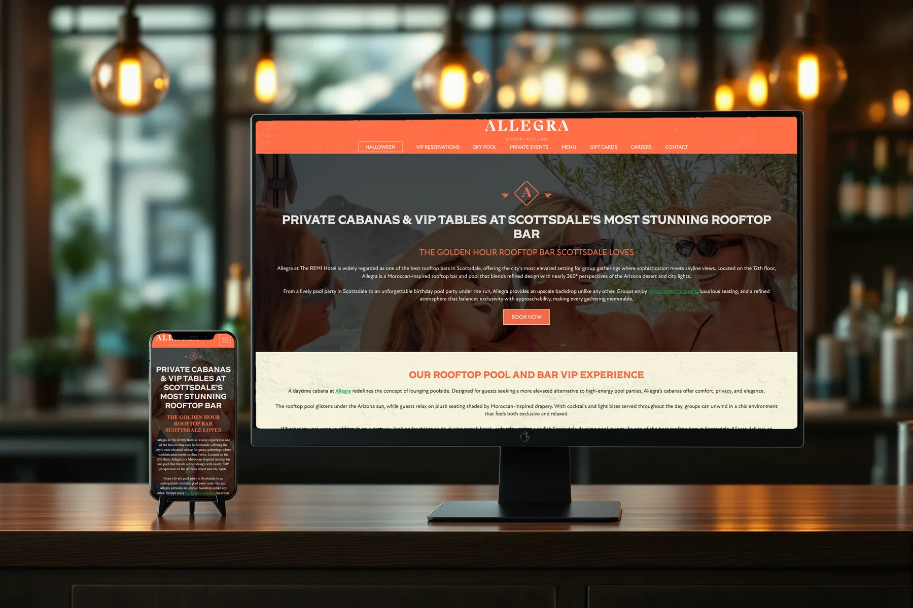 Allegra VIP cabanas and tables page on a desktop and phone