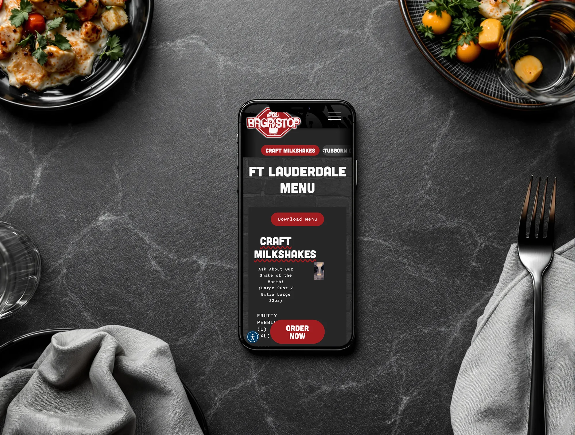 BRGR STOP craft milkshakes menu on a phone