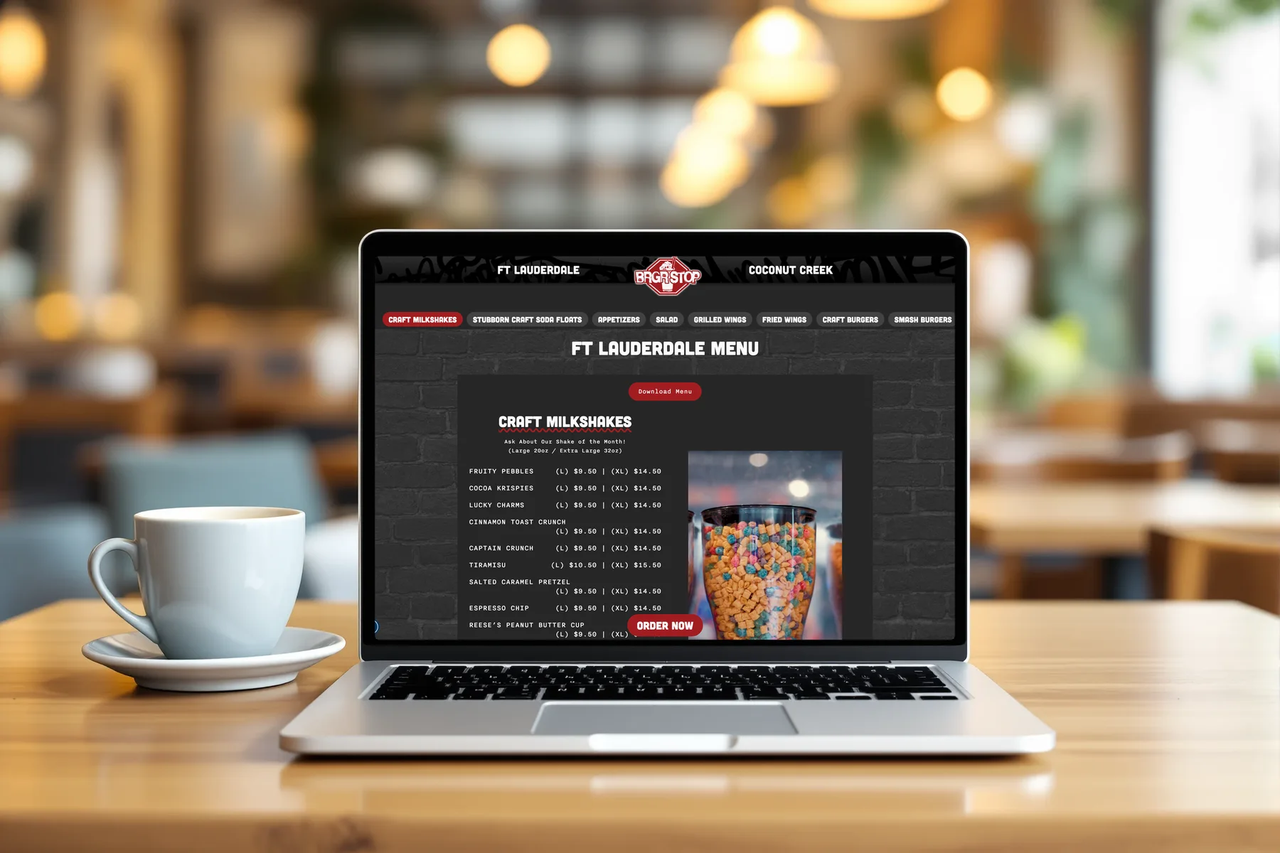 BRGR STOP Ft Lauderdale menu page shown on a laptop