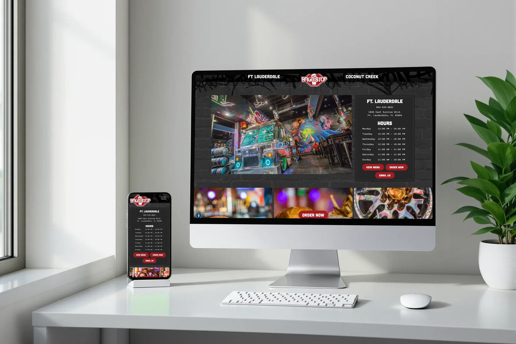 BRGR STOP Ft Lauderdale location page on a desktop and phone