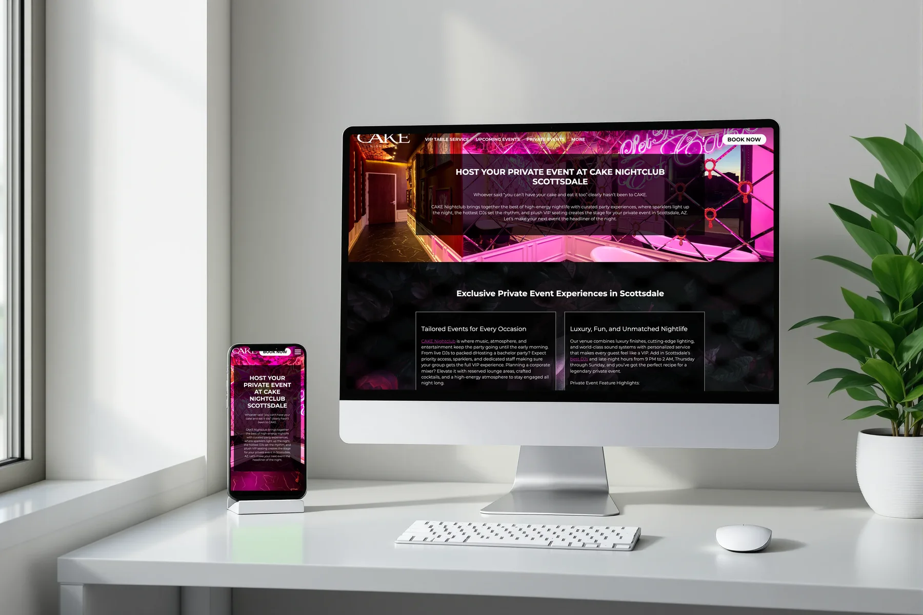 CAKE Nightclub private events page on a desktop and phone