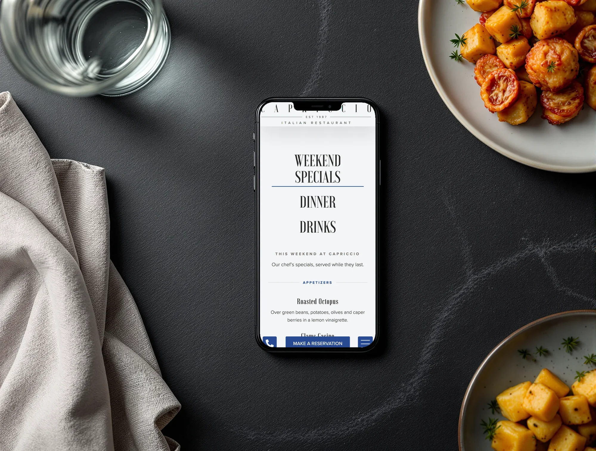 Capriccio Ristorante weekend specials menu on a phone