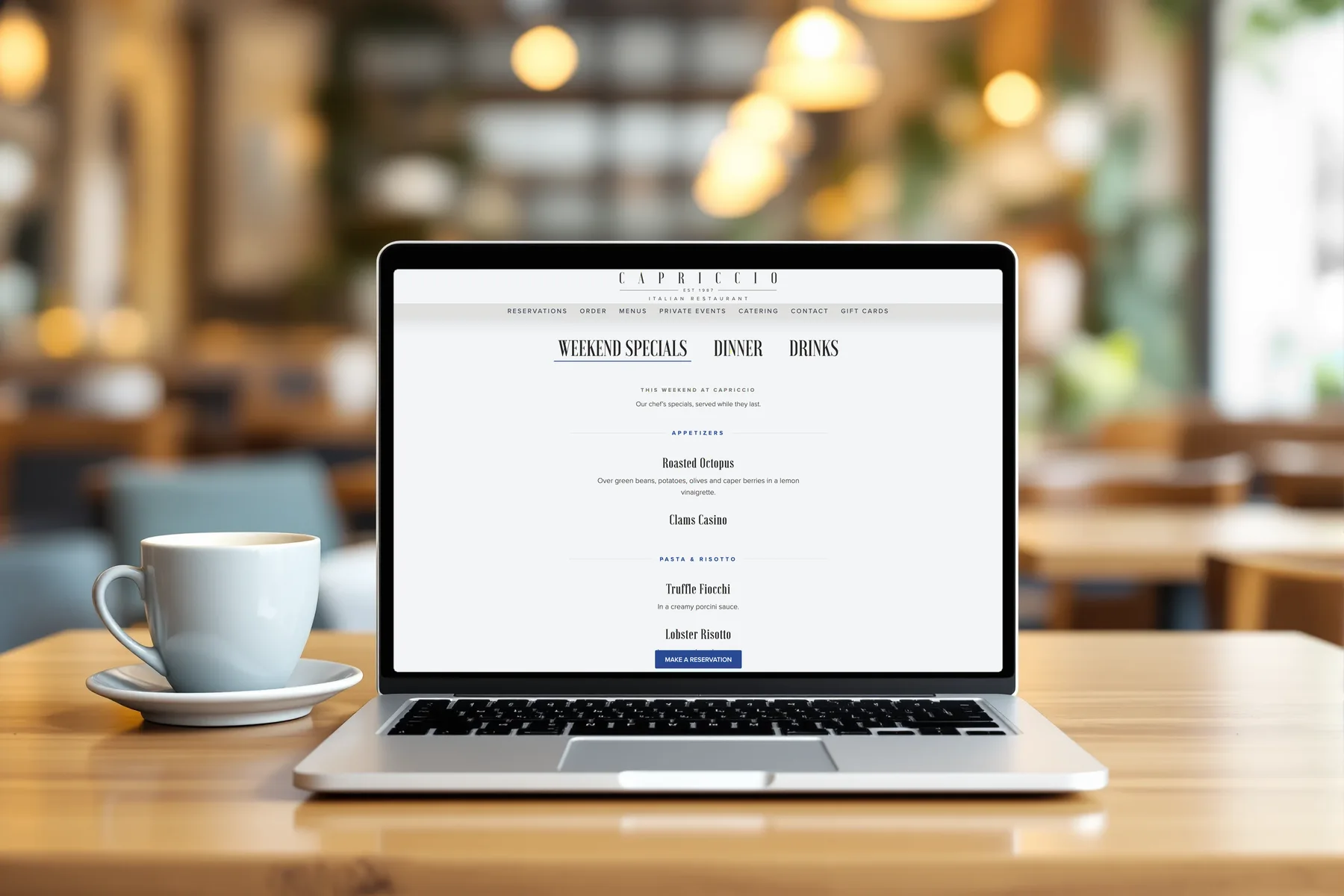 Capriccio Ristorante menus page shown on a laptop