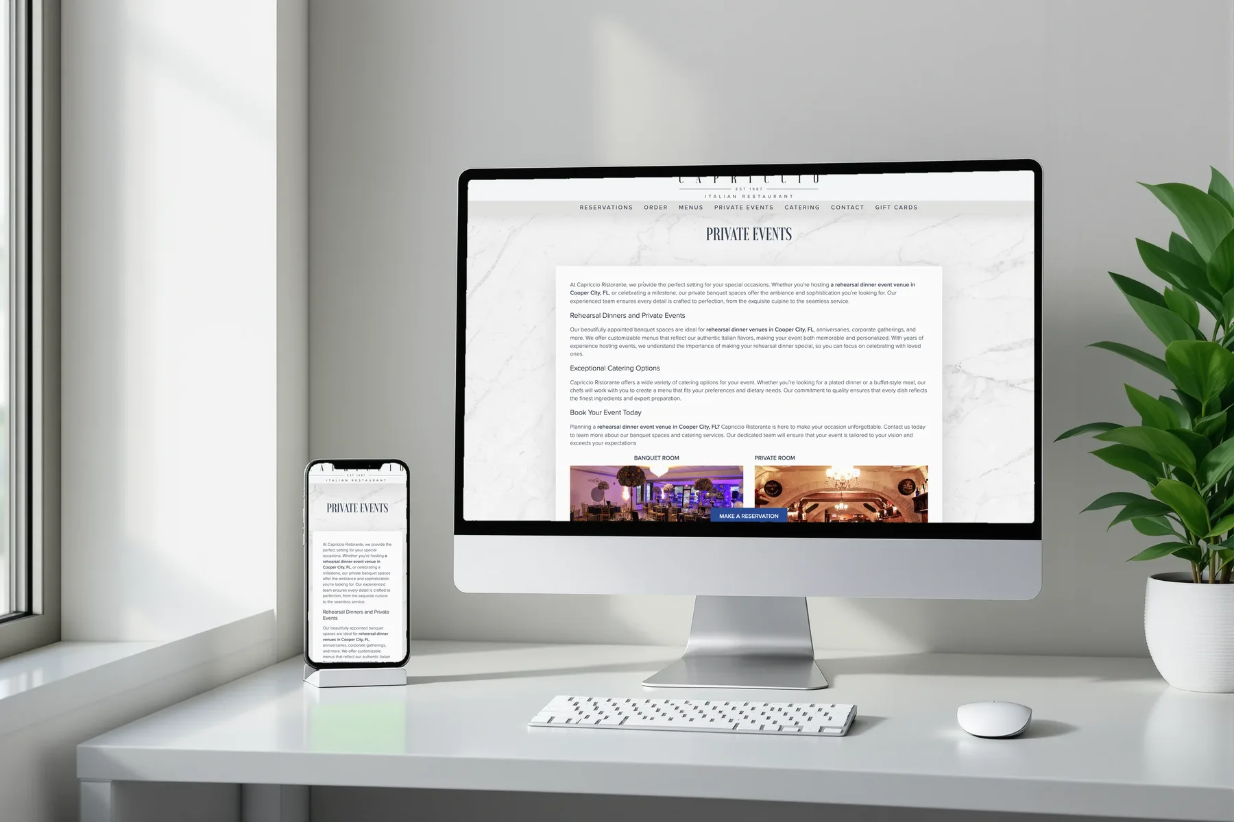 Capriccio Ristorante private events page on a desktop and phone