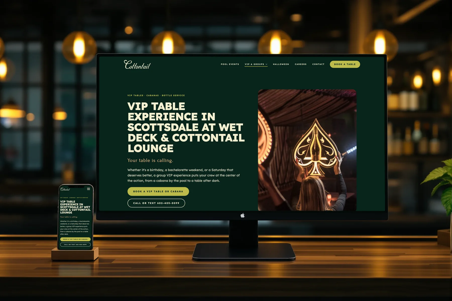 Cottontail Lounge VIP tables and cabanas page on a desktop and phone