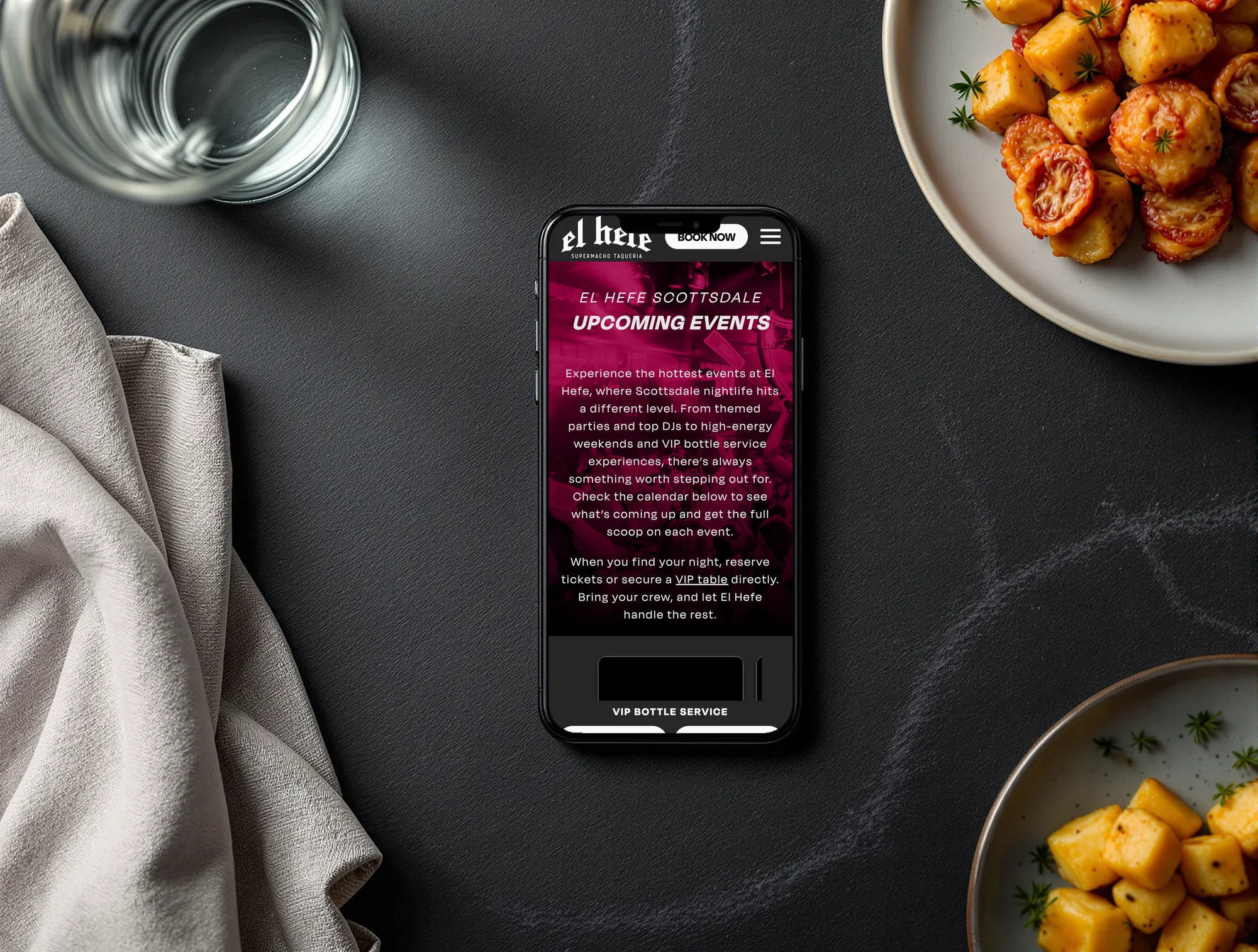 El Hefe upcoming events page on a phone