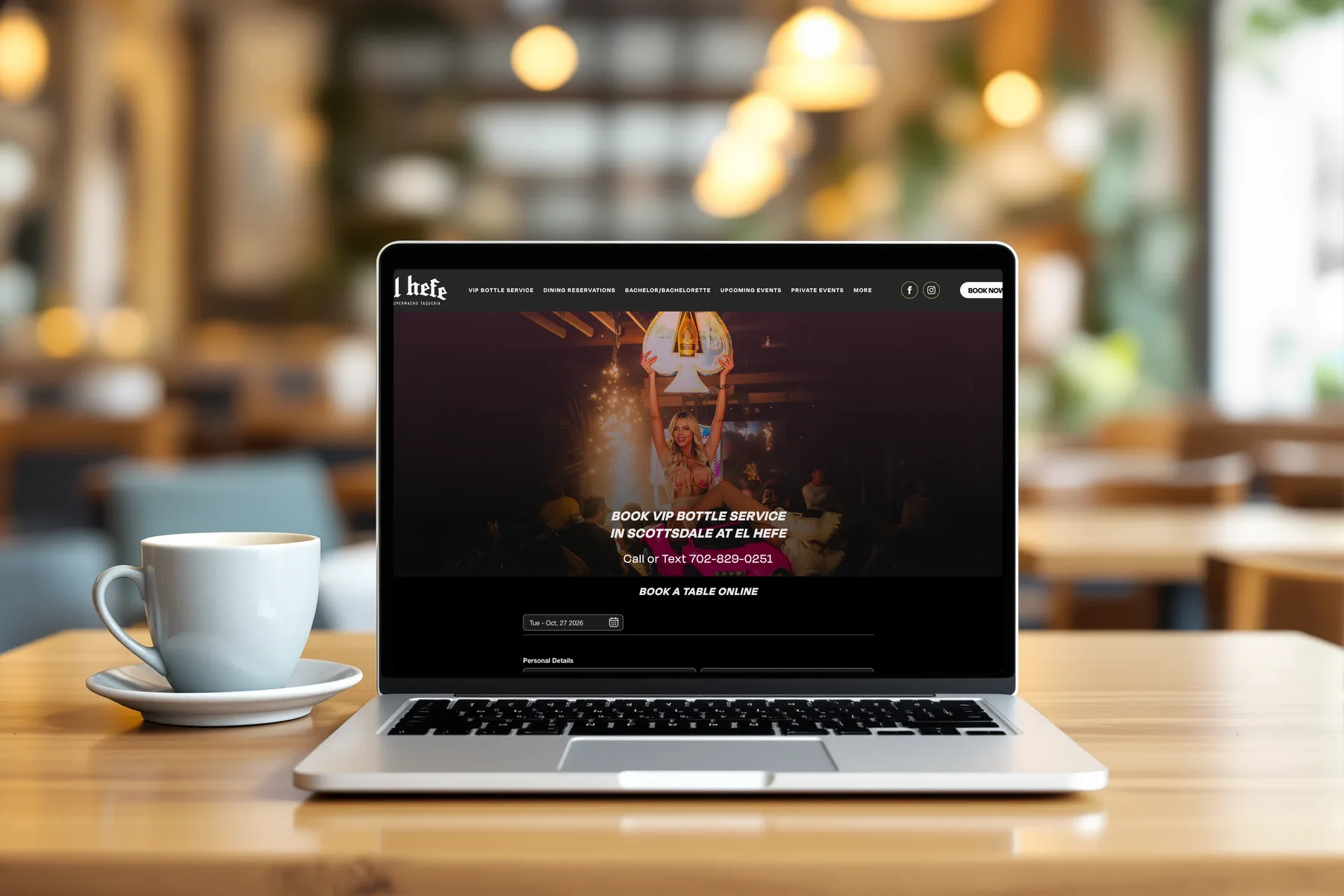El Hefe VIP bottle service page shown on a laptop