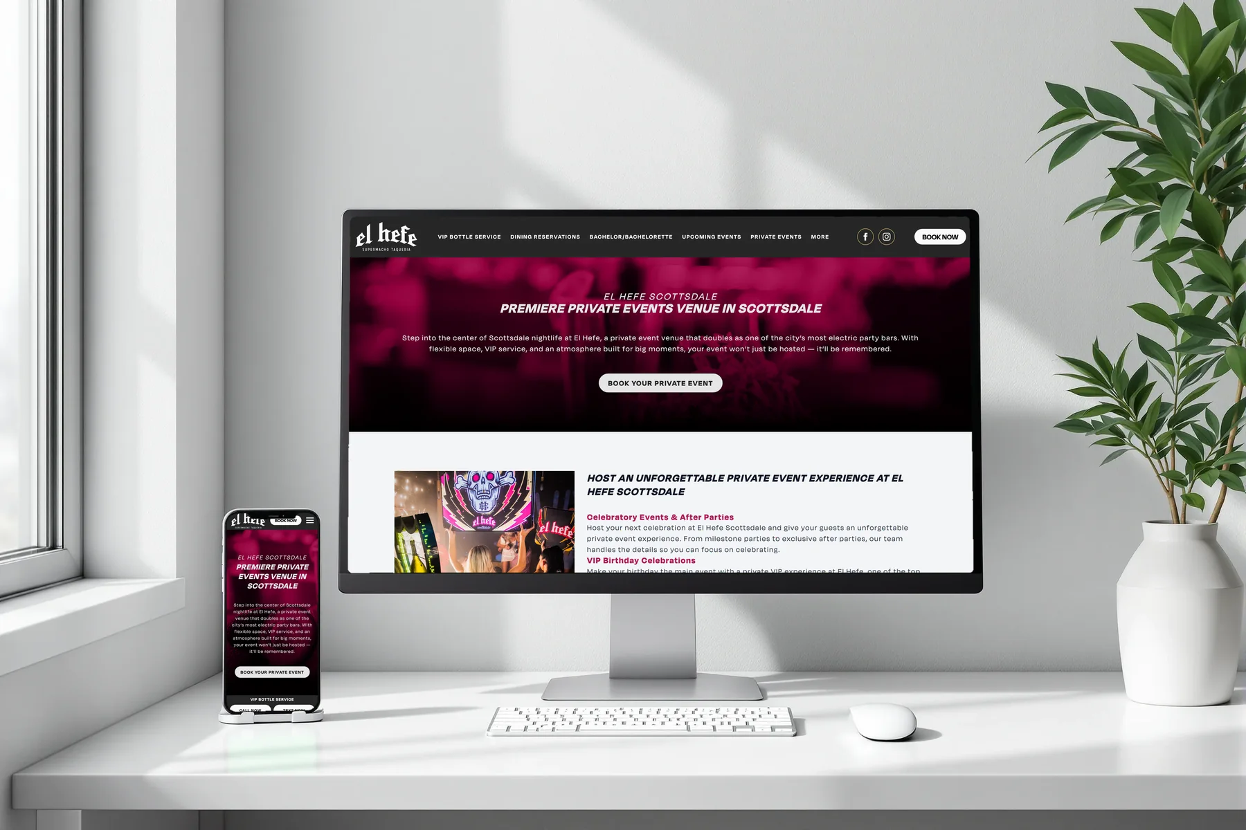 El Hefe private events page on a desktop and phone