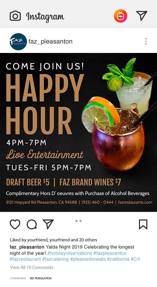 Instagram happy hour post designed by Webdiner for FAZ Restaurants