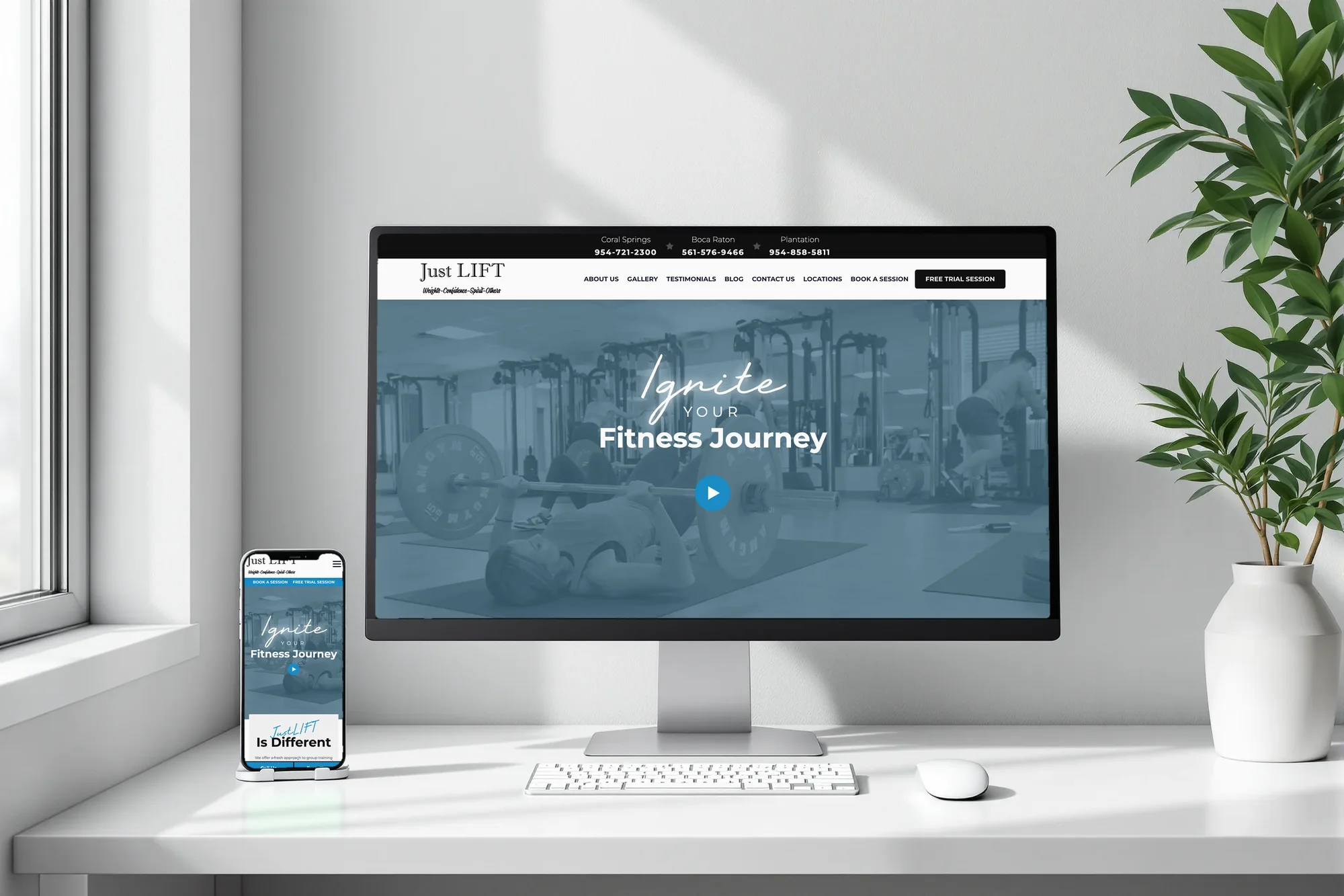 JustLIFT website on a desktop and phone