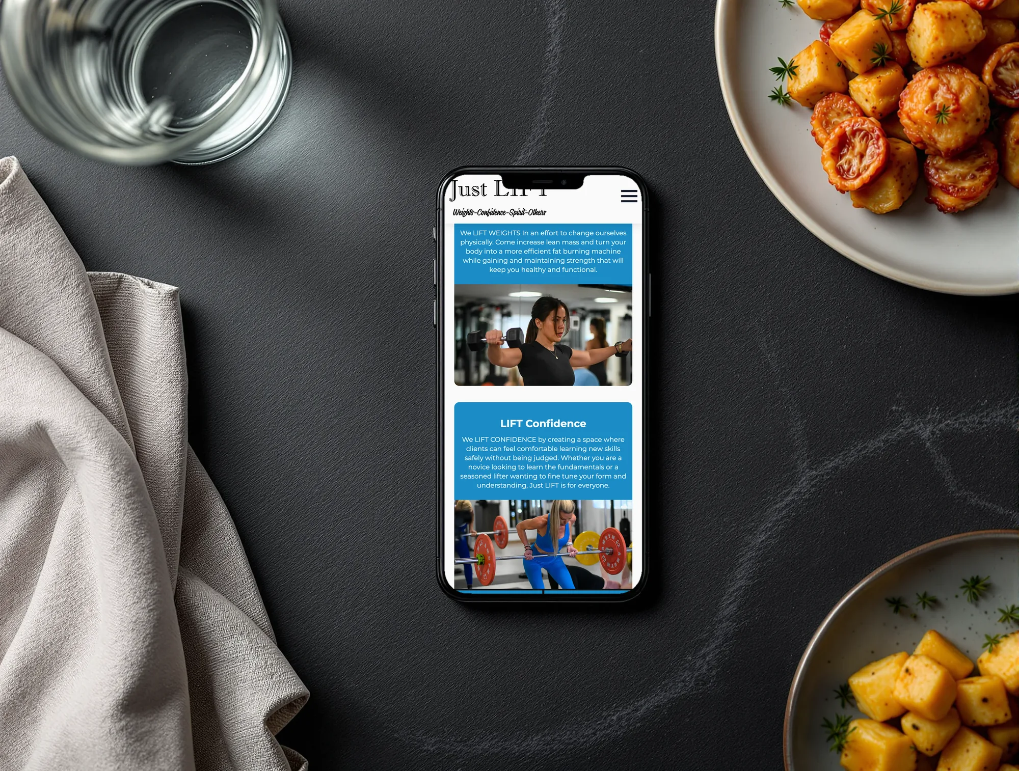 JustLIFT About Us page on a phone, showing the LIFT Weights and LIFT Confidence cards