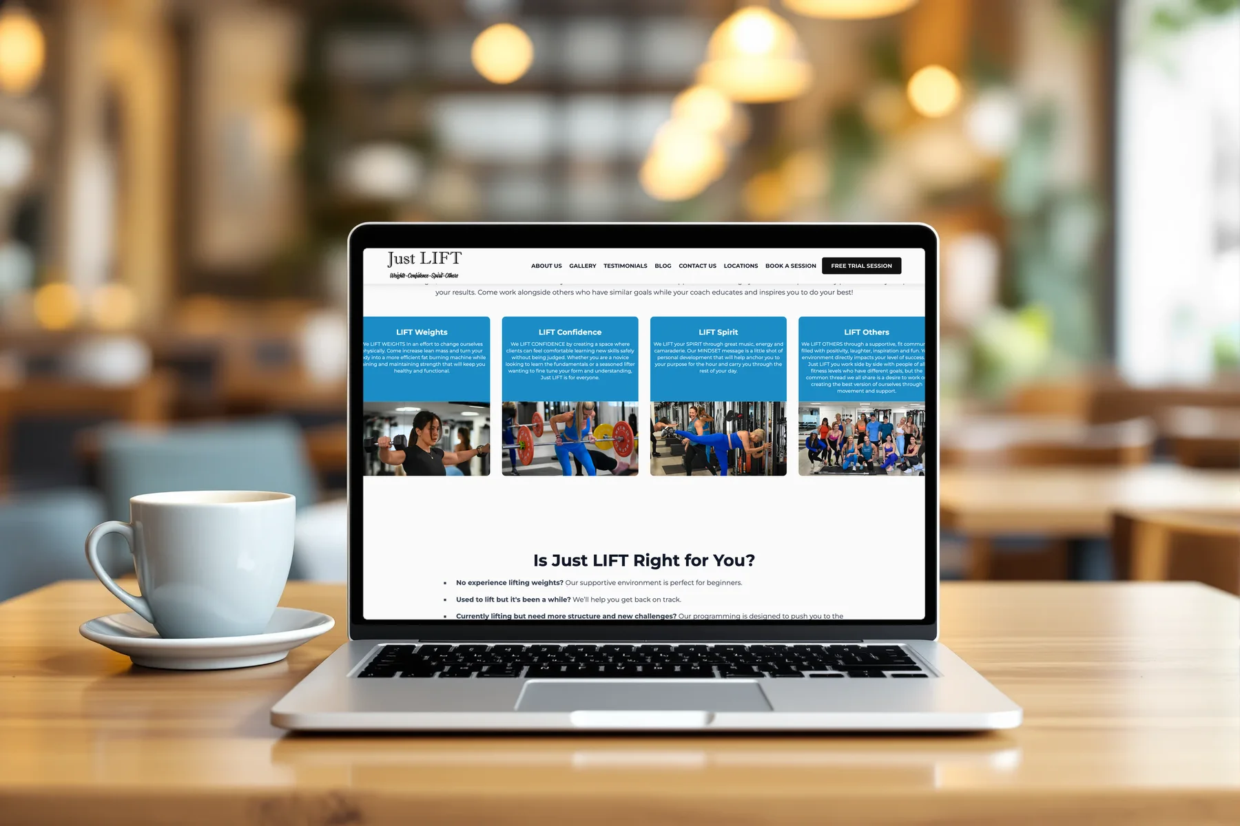 JustLIFT About Us page with the four LIFT pillars shown on a laptop