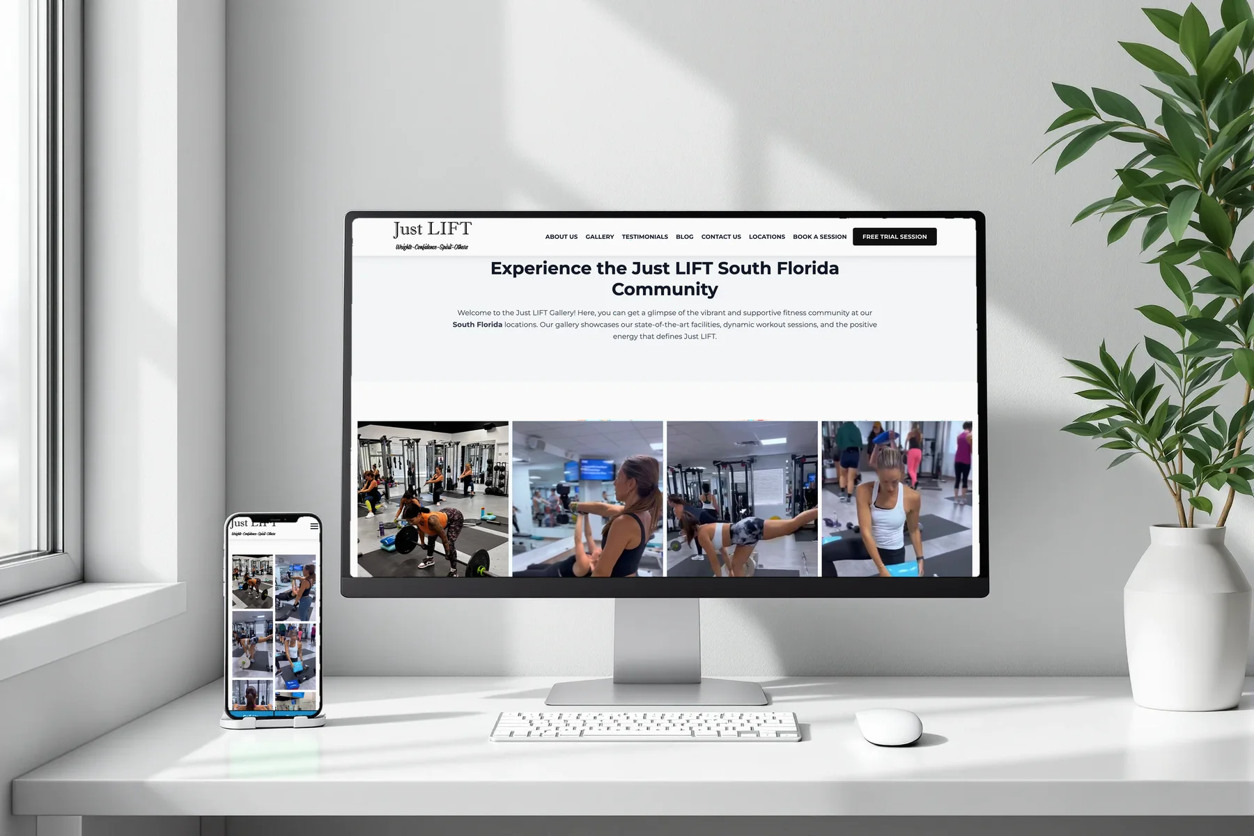 JustLIFT gallery page on a desktop and phone