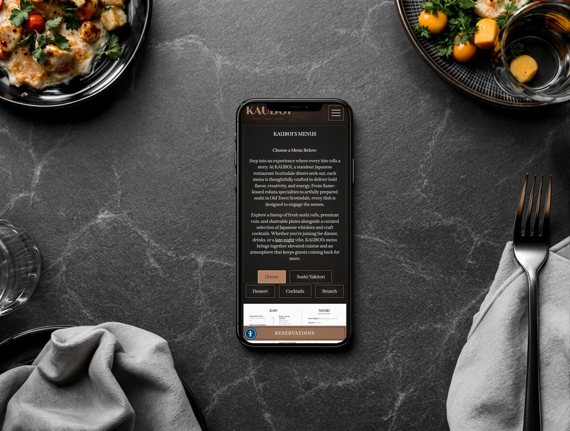KAUBOI menus page on a phone