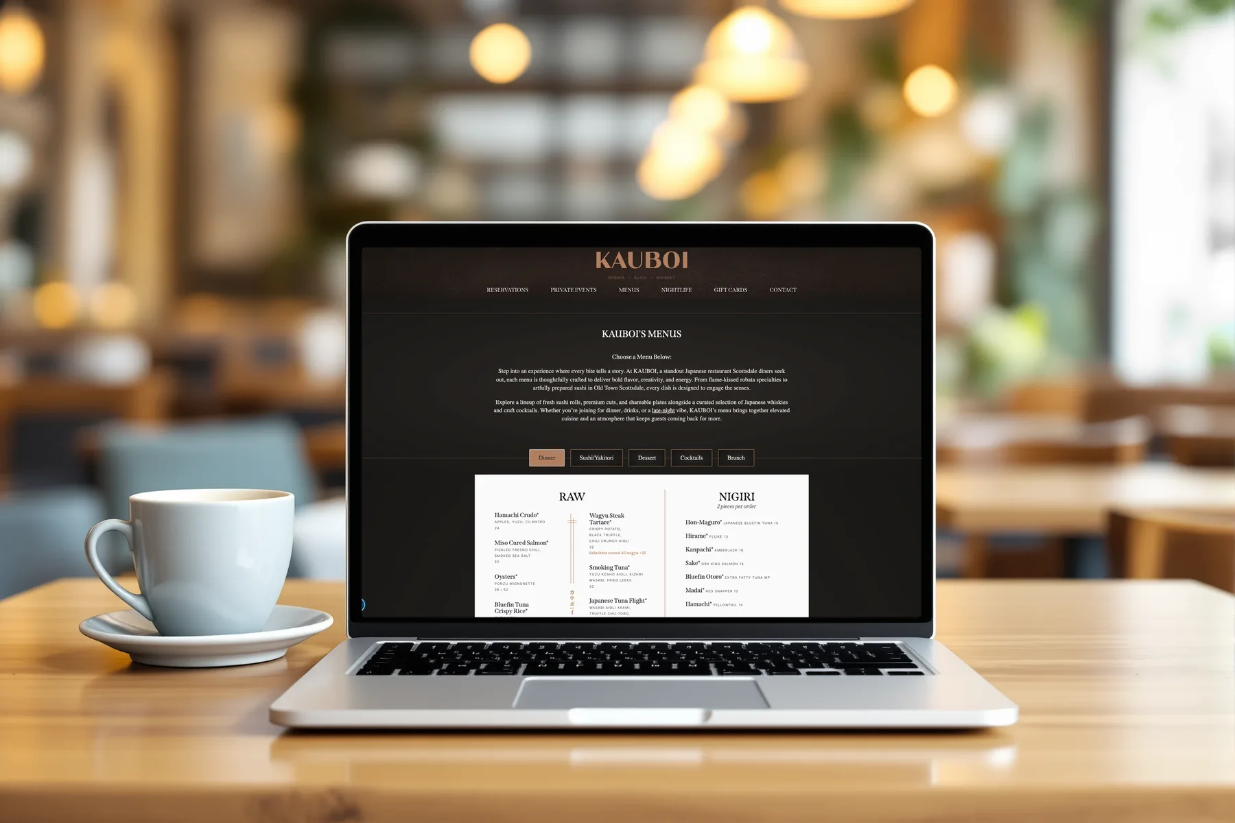 KAUBOI menus page shown on a laptop