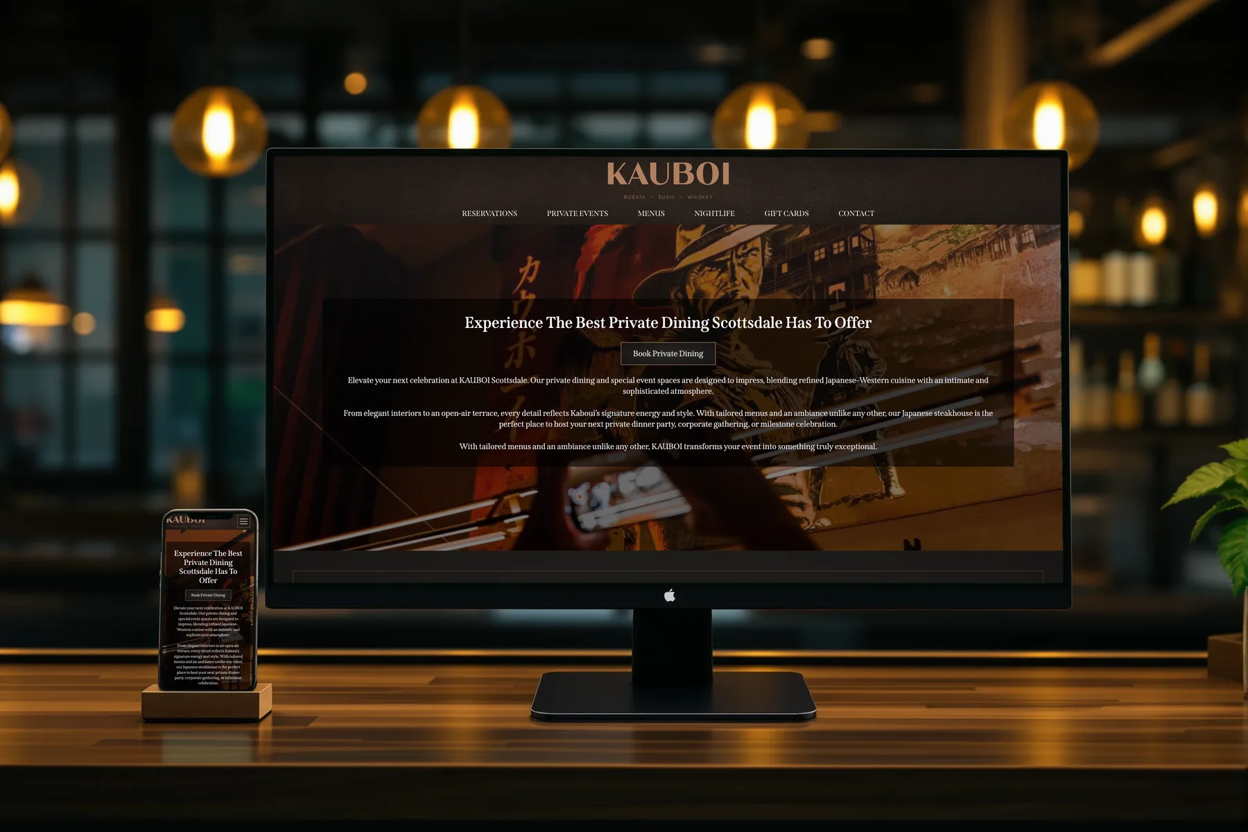KAUBOI private dining page on a desktop and phone