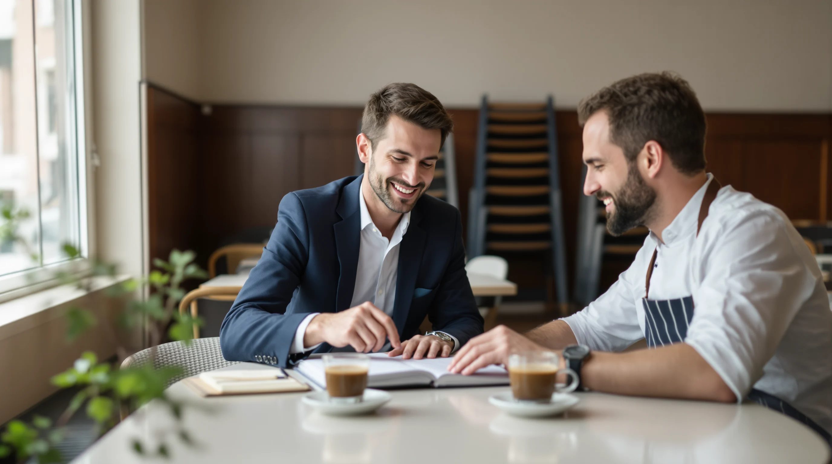 Marketing consultant planning with a restaurant owner