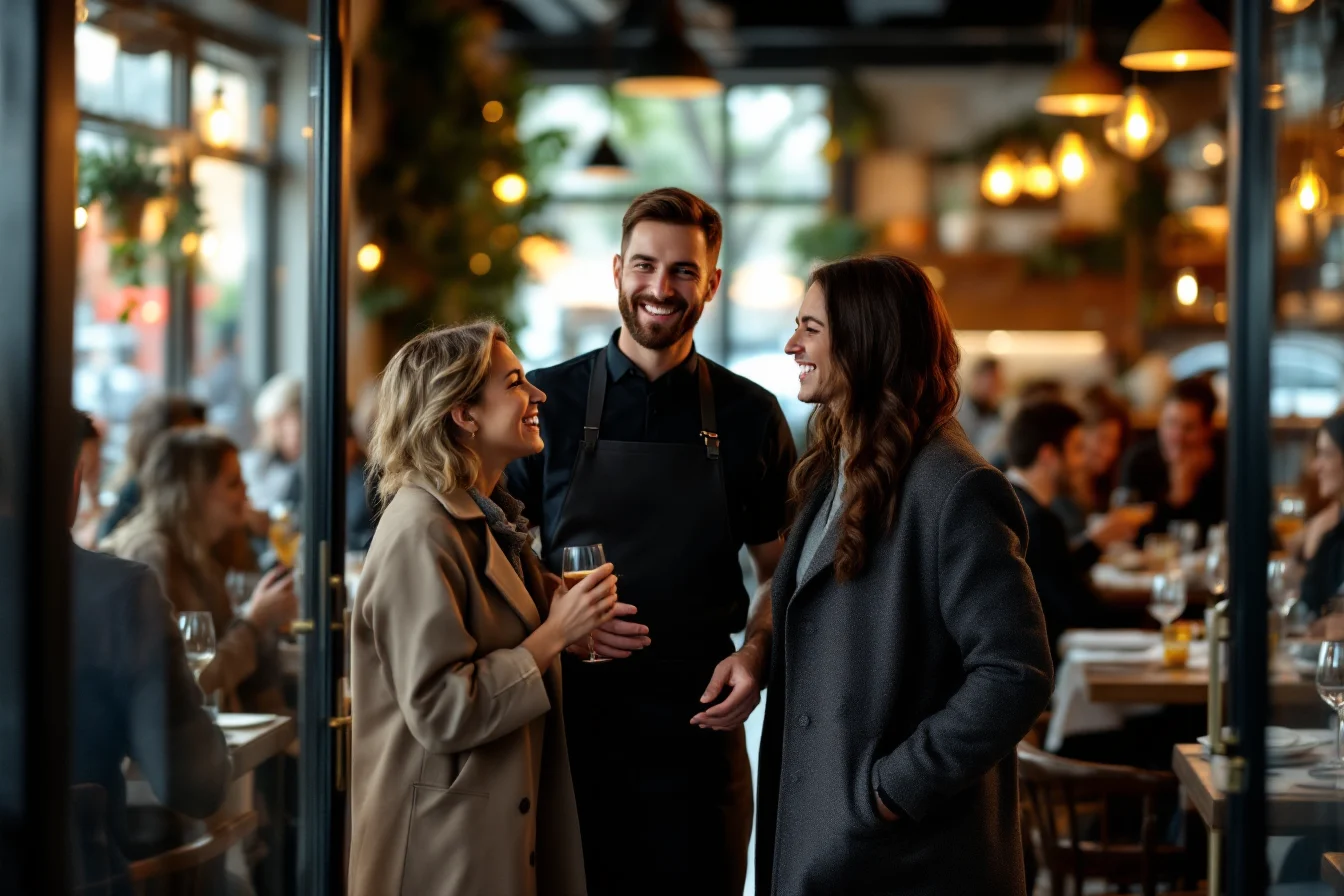 Restaurant host warmly welcoming a returning couple at the entrance