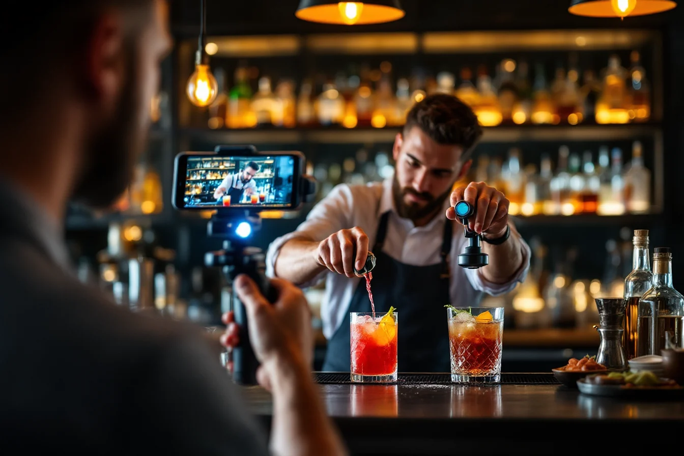 Content creator filming a bartender pouring a cocktail for social media
