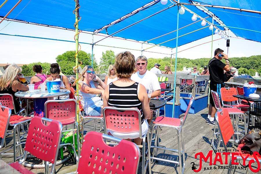 Guests at tables on the Crows Nest deck at MATEYS