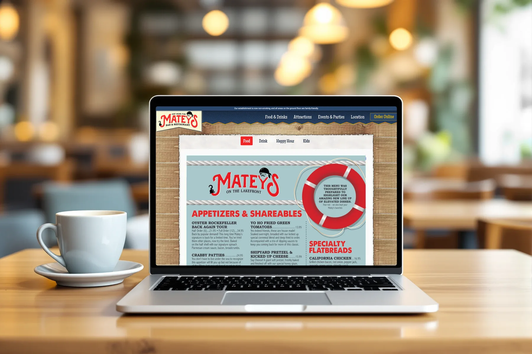 MATEYS Bar & Restaurant food menu page on a laptop