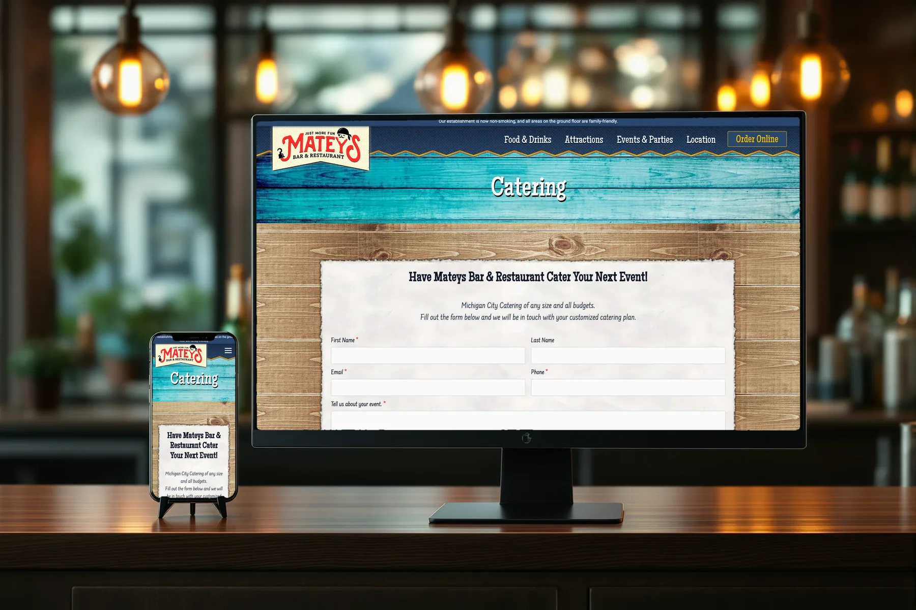 MATEYS Bar & Restaurant catering page on a desktop and phone