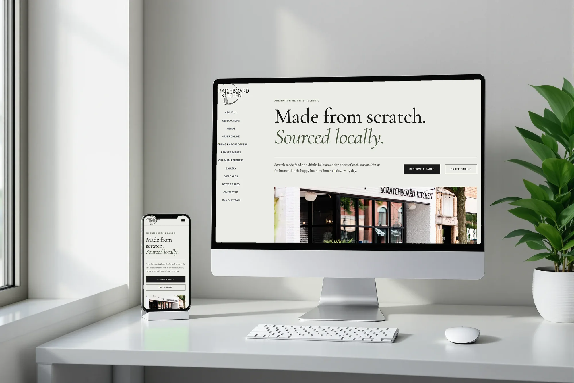 Scratchboard Kitchen website on a desktop and phone