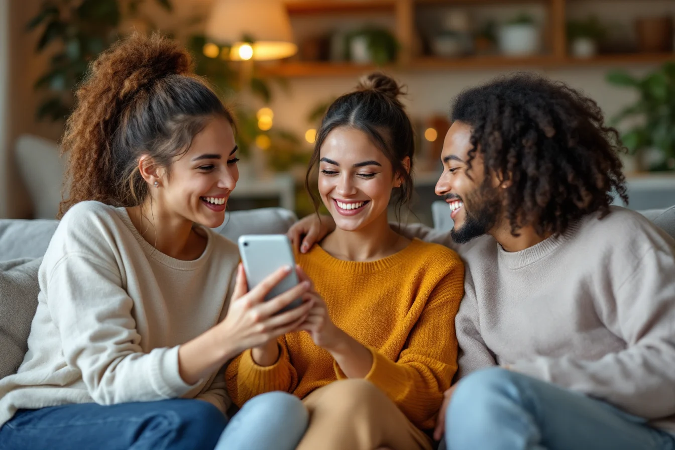 Friends asking a phone assistant for a dinner recommendation at home