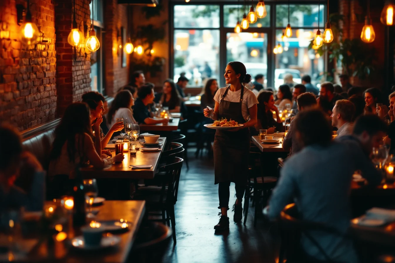 Busy restaurant dining room on a Friday night with every table full