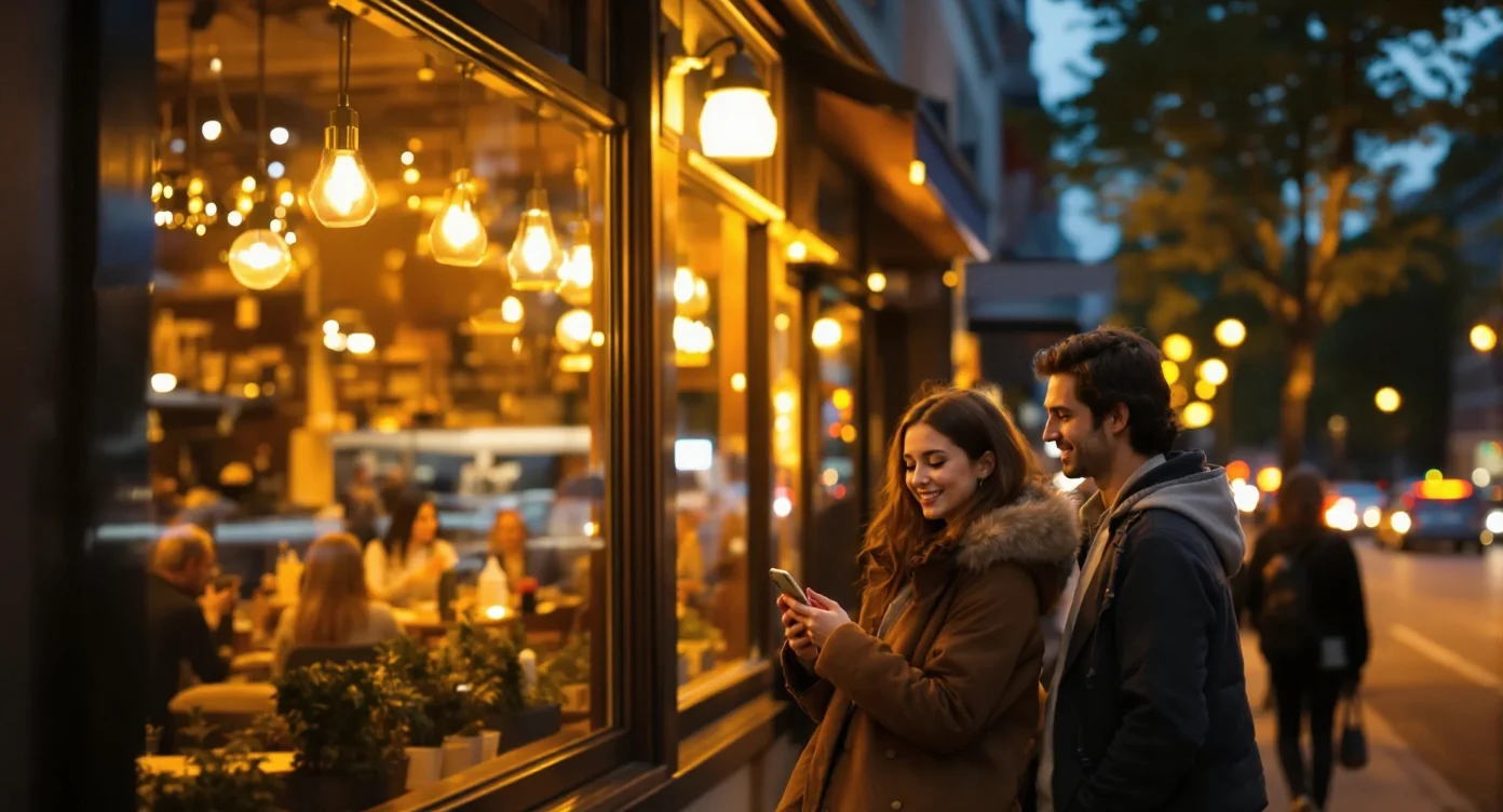 Couple looking up a restaurant on a phone outside a busy dining room