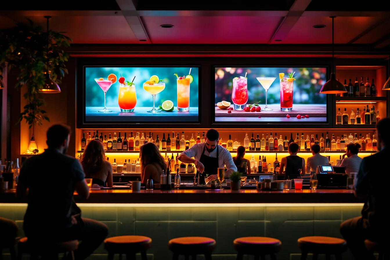Cocktail bar with screens behind the bar showing happy hour drinks
