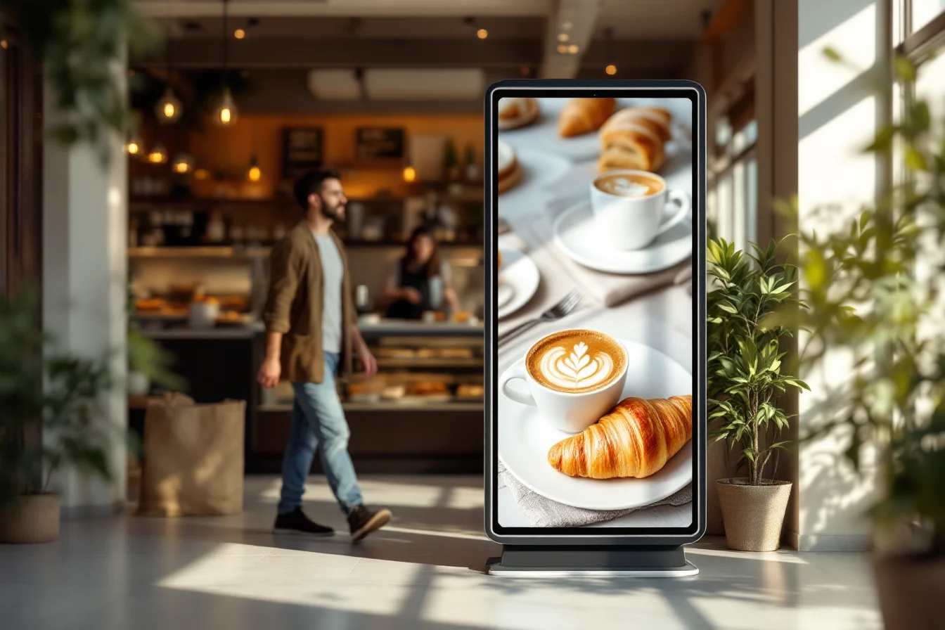 Vertical digital display in a cafe showing a latte and croissant