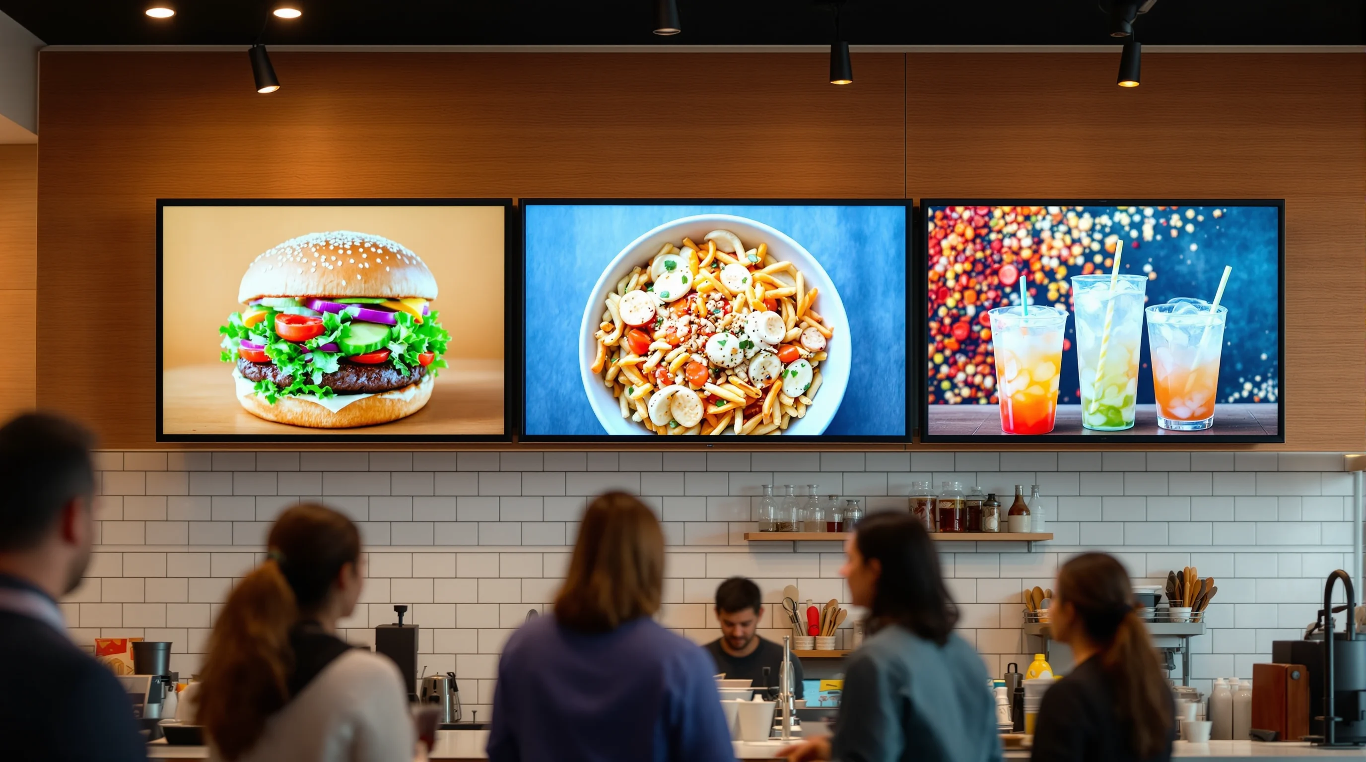 Digital menu screens above a restaurant order counter showing food photography