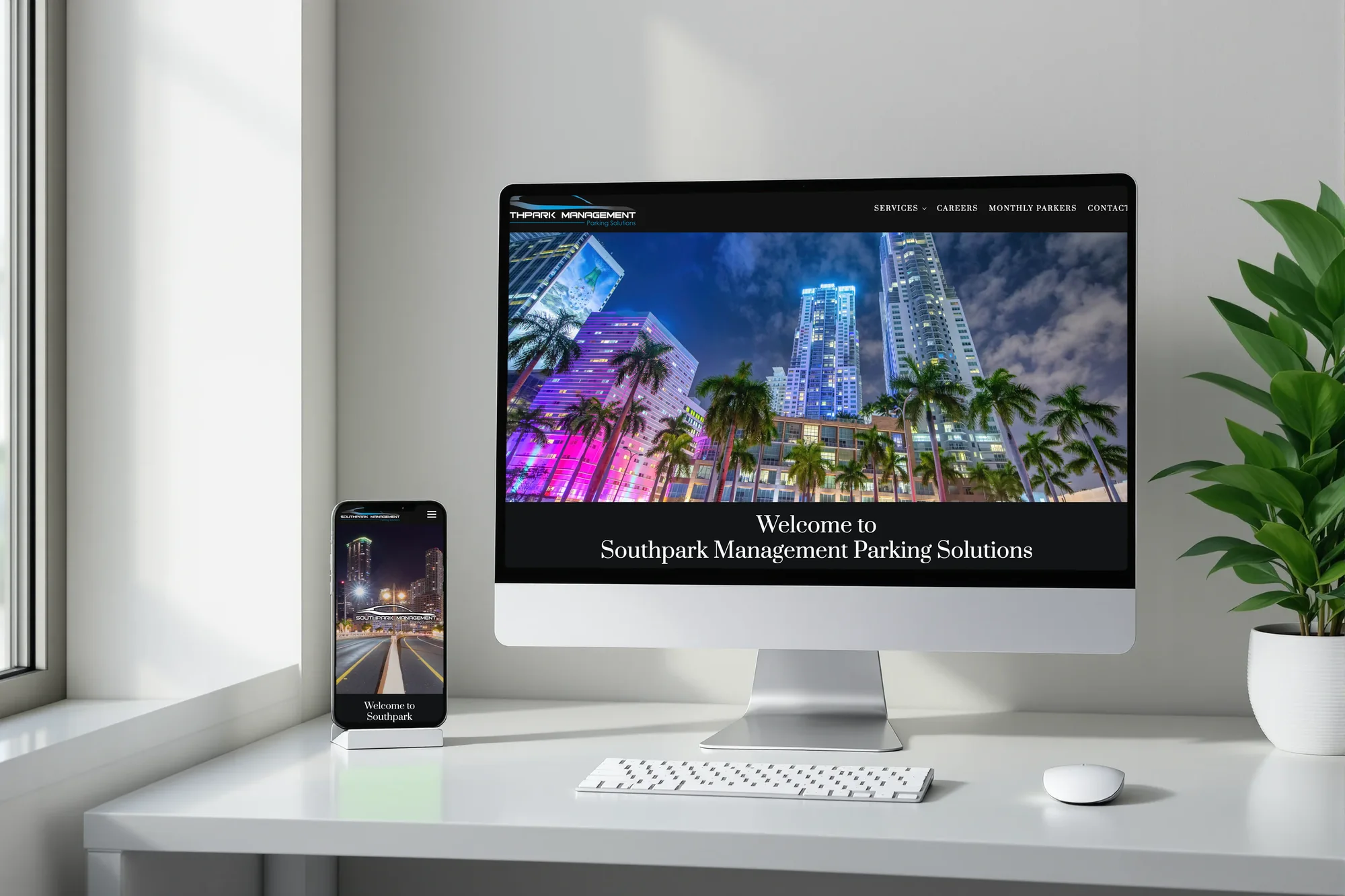 Southpark Management Parking Solutions website on a desktop and phone