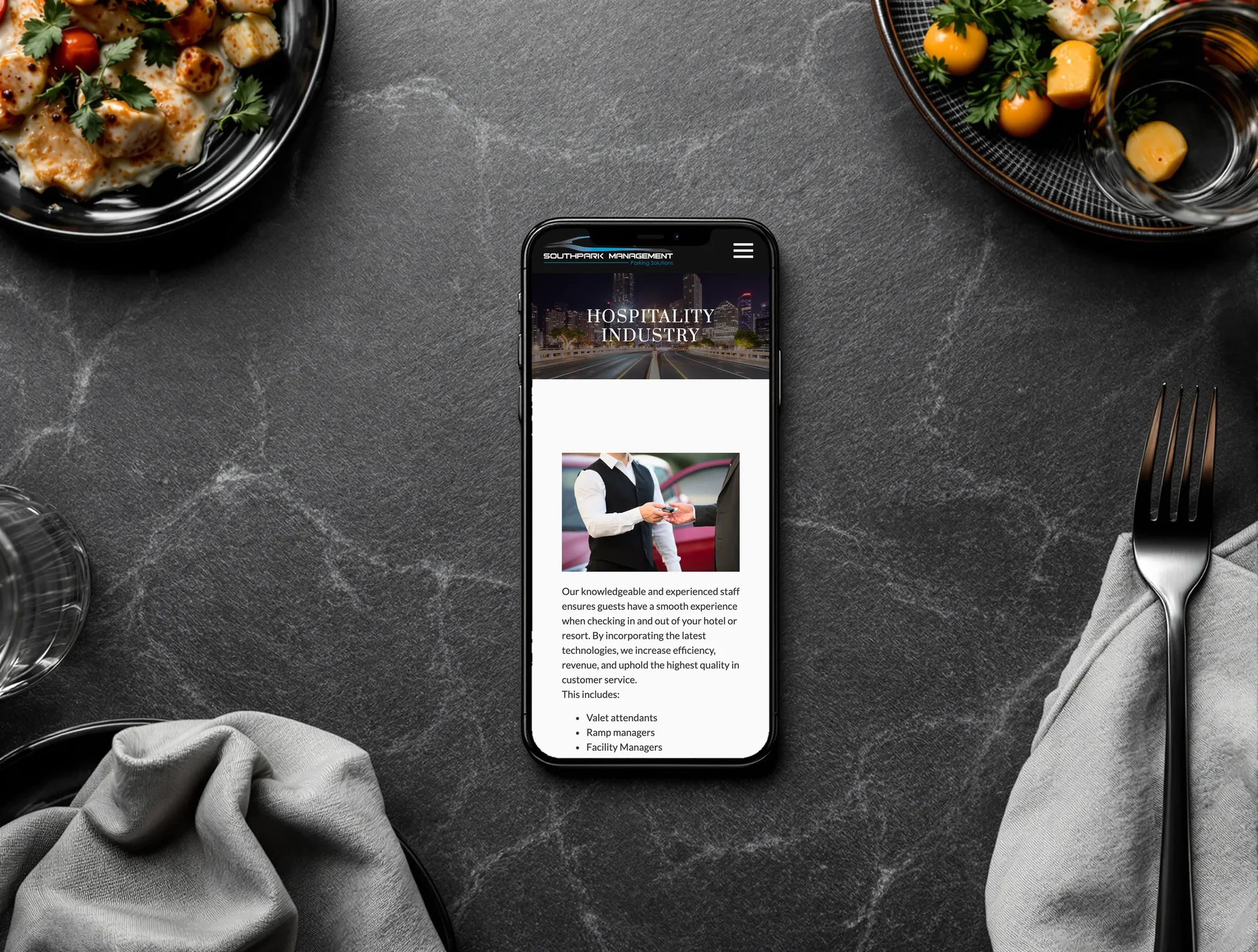 Southpark Management hospitality industry page on a phone