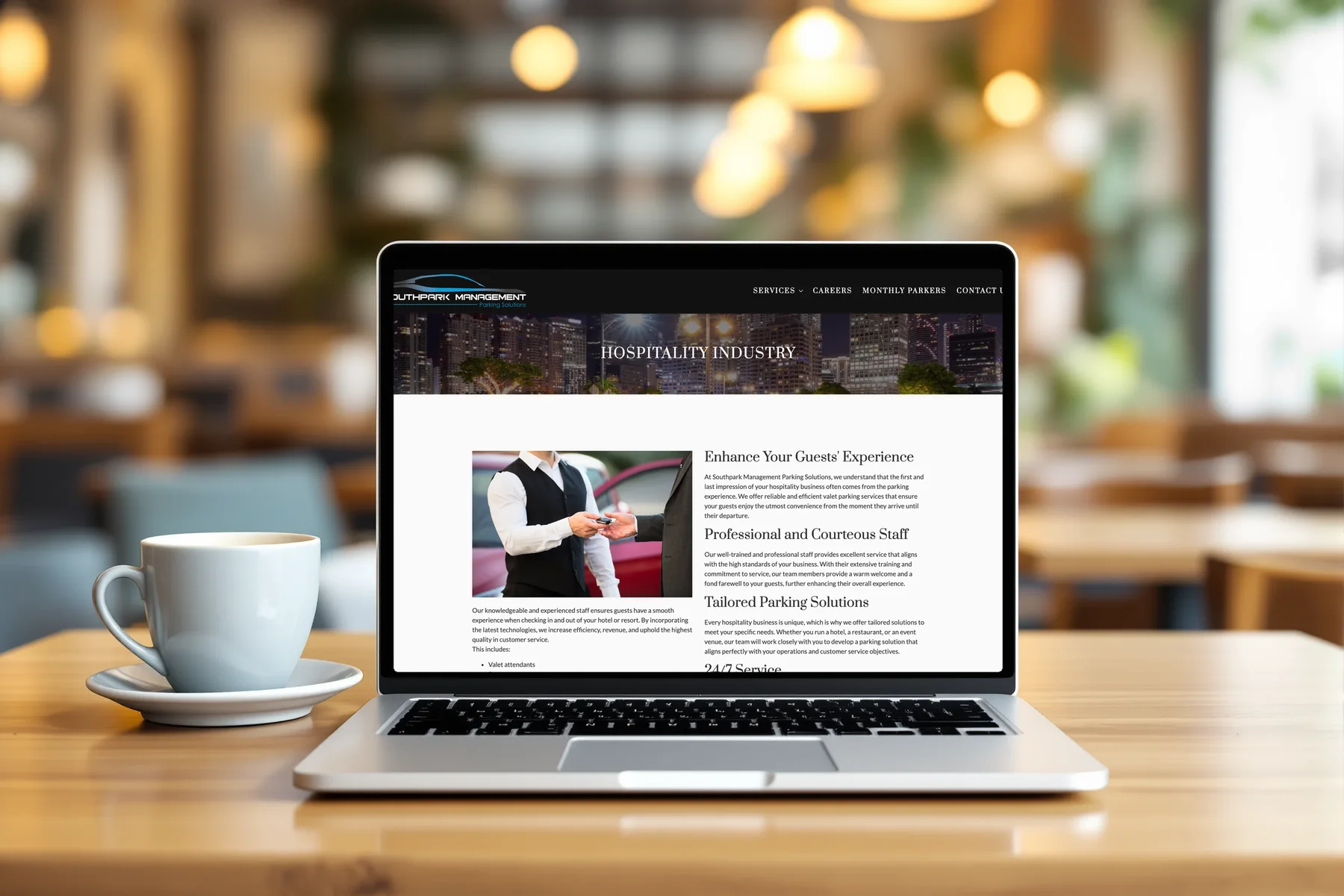 Southpark Management hospitality industry page shown on a laptop