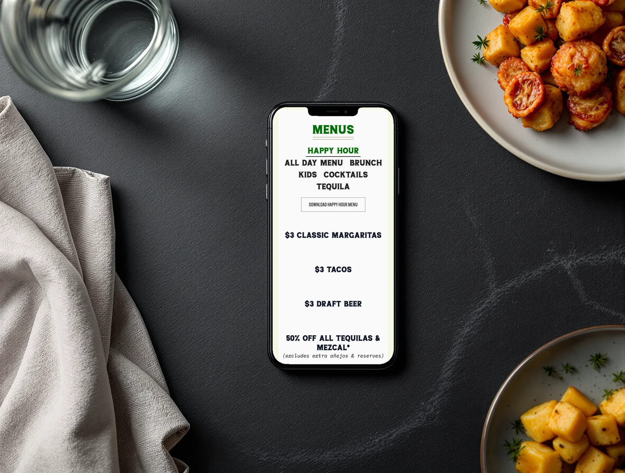 Tacocraft happy hour menu on a phone