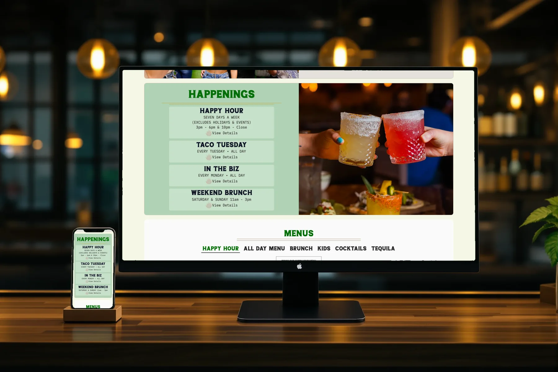 Tacocraft happenings and menus section on a desktop and phone