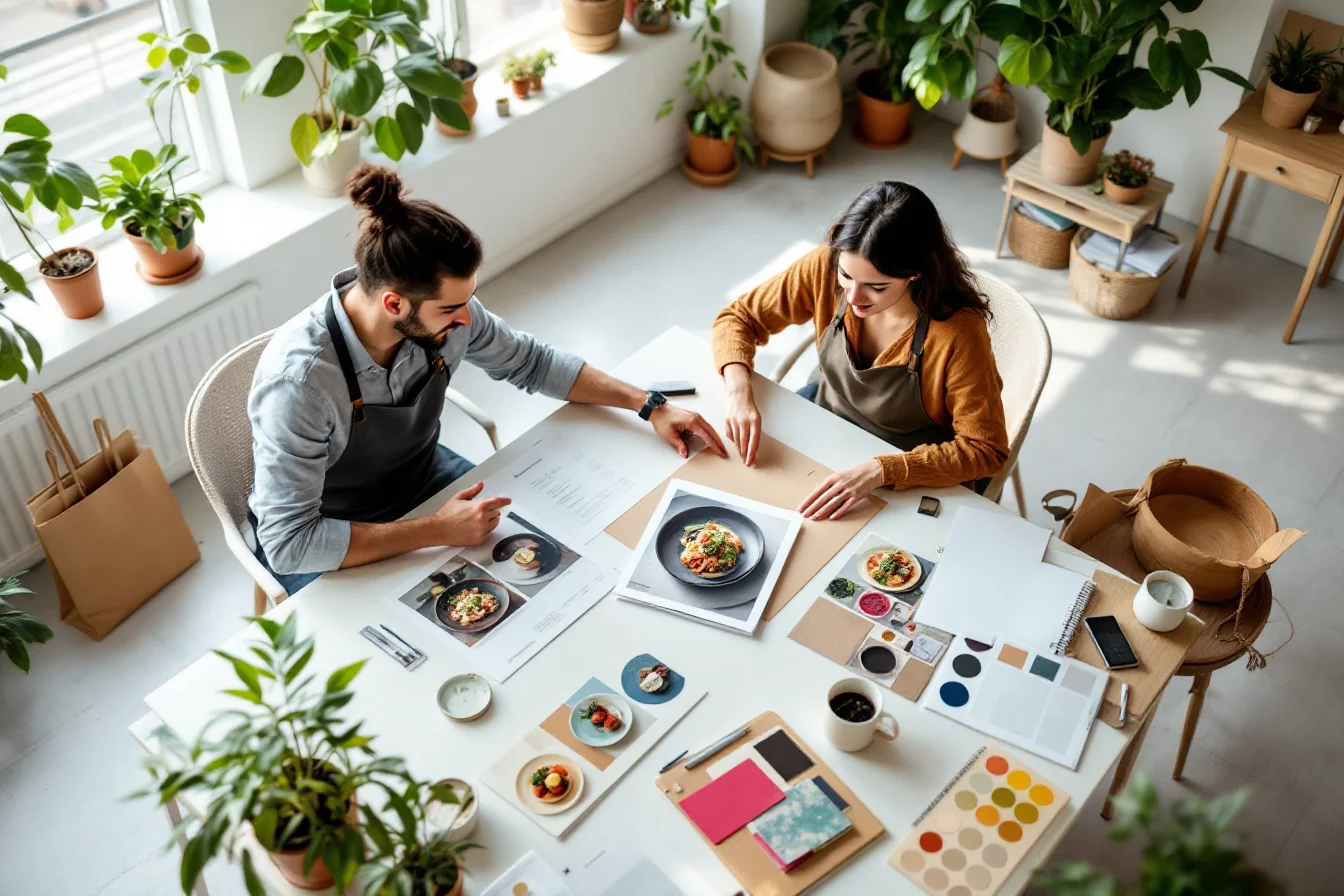 Designers reviewing menu proofs and food photography for a restaurant website